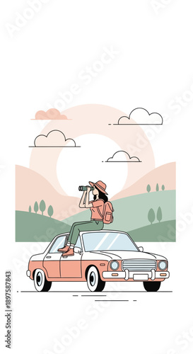 Adventurous Explorer on Car Rooftop Gazing Through Binoculars at Scenic Vista