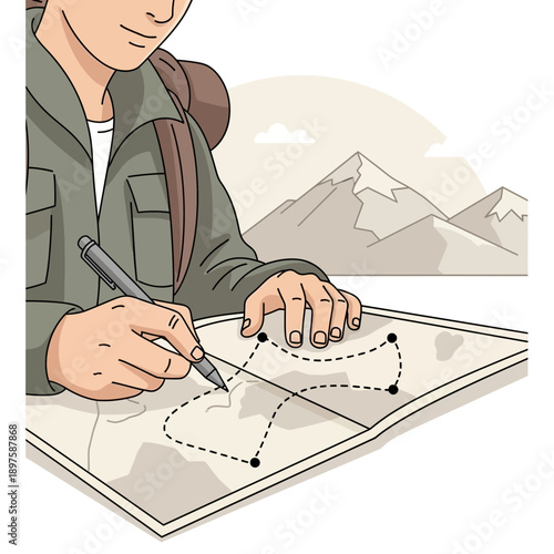 Adventurous Explorer Planning Mountain Expedition Using Detailed Topographic Map