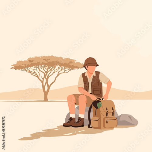 Adventurous Explorer Resting Amidst African Savannah Landscape