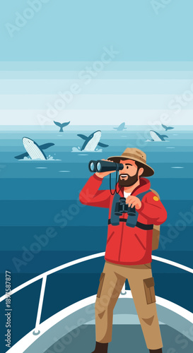 Adventurous Explorer Spots Whales From Boat Amidst Ocean Waves