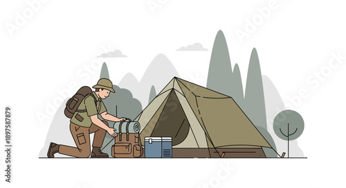 Adventurous Explorer Sets Up Camp In Scenic Mountain Wilderness