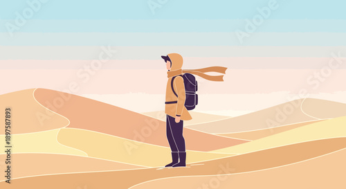 Adventurous Explorer Stands Amidst Vast Sandy Desert Dunes