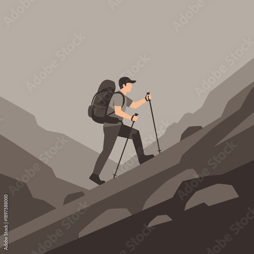 Adventurous Hiker Ascends Rugged Mountain Trail With Trekking Poles And Backpack