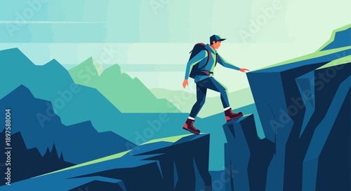 Adventurous Hiker Ascends Rugged Mountain Trail Overlooking Serene Valleys