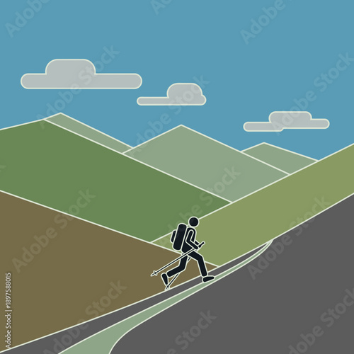 Adventurous Hiker Ascends Scenic Mountainous Terrain With Trekking Poles And Backpack