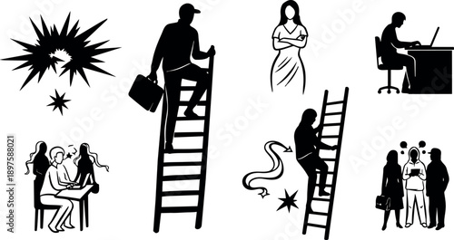 Flat design silhouette ladder icon set showing climbing businessperson, seated coworker discussion, standing woman, office worker at desk, group, starburst