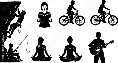 Flat design silhouette collection of active people icons showing rock climbing, fishing, reading, cycling, yoga and guitar playing in black