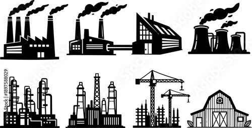 Flat design industrial factory and barn icon set showing smokestacks cranes refinery and agricultural barn in silhouette vector black sideview