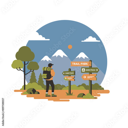 Adventurous Hiker At Trailhead With Directional Signposts