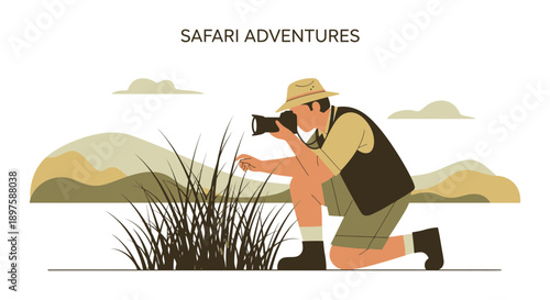 Adventurous Photographer Capturing Wildlife in Safari Landscape