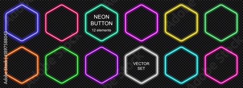 Neon call action button hexagon with light for ui web game . Blue vector frame with glow sign box and 3d rectangle dark. Modern purple neon with banner icon round border light. Vector illustration set