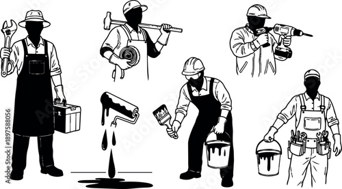 Silhouetted vector workers with wrench toolbox hammer drill paint roller brush tools set of five standing isolated