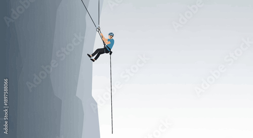 Adventurous Rappelling Descends Rugged Mountain Facade