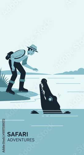 Adventurous Safari Guide Encounters Crocodile In Water