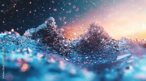 Abstract Macro of Ice Crystals with Bokeh Lights and Warm Sunset Glow