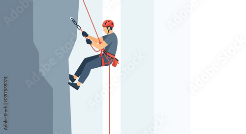 Adventurous Rock Climber Descending A Steep Vertical Cliff Face Safely