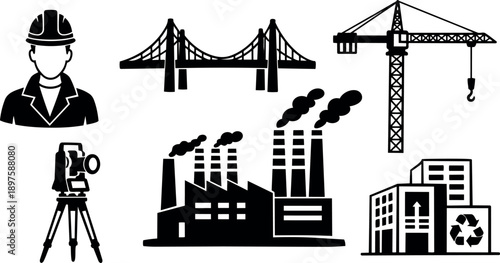 Silhouette construction worker with hard hat and engineering tools including crane bridge factory and recycling building icons vector art