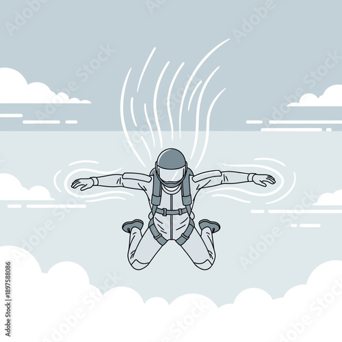 Adventurous Skydiver Experiencing Freefall Above Clouds in Geometric Style