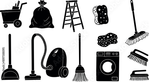 Black silhouette set of household cleaning tools including vacuum cleaner broom ladder washing machine and sponges isolated on white background
