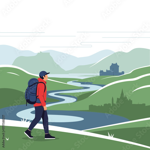 Adventurous Hiker Exploring Majestic Scottish Highlands Landscape