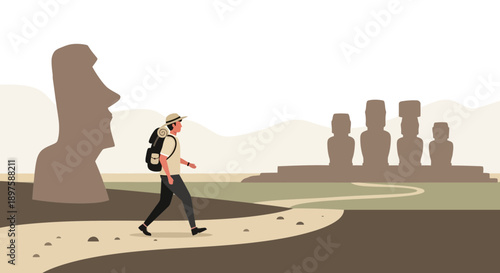 Adventurous Traveler Explores Ancient Moai Statues On A Deserted Path