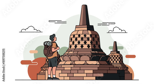 Adventurous Traveler Explores Ancient Stupa Structures On A Sunny Day