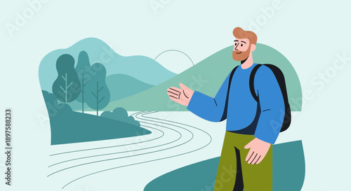 Adventurous Traveler Exploring Scenic Mountainous Trails On A Sunny Day