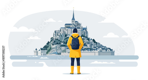 Adventurous Traveler Gazes At Iconic Mont Saint Michel Landmark