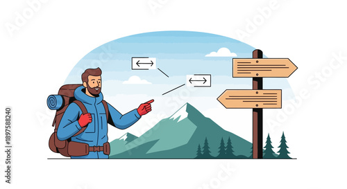Adventurous Hiker Faces Decision At Mountain Crossroads Signpost
