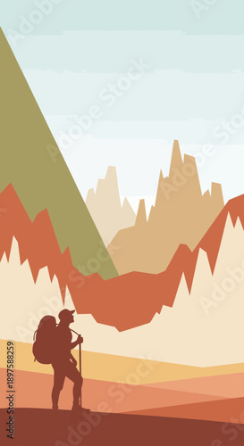 Adventurous Hiker Gazing At Majestic Mountain Peaks During Golden Hour
