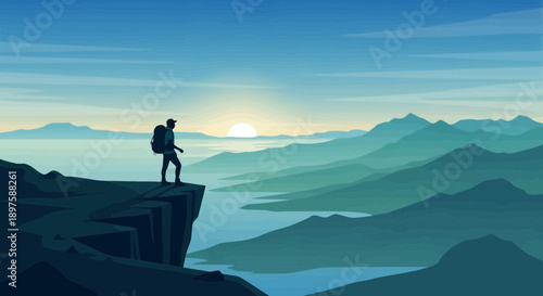 Adventurous Hiker Gazing Over Majestic Misty Mountain Landscape At Sunrise