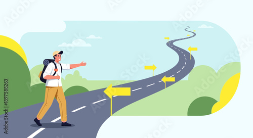 Adventurous Traveler Hitchhiking Towards a Winding Road Ahead