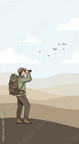 Adventurous Hiker Gazing Through Binoculars at Distant Birds in Serene Landscape