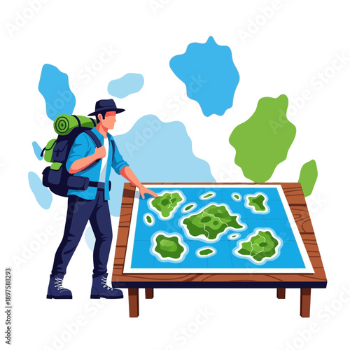 Adventurous Traveler Studying Island Map for Expedition Planning and Navigation