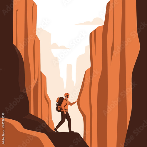 Adventurous Hiker Navigates a Majestic Orange Canyon on a Sunny Day