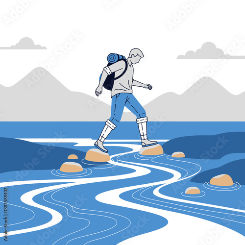 Adventurous Hiker Navigating Rocky River Crossing with Mountain Backdrop