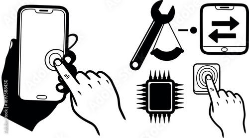 Black and white vector icons showing hand tapping smartphone screen and touchscreen button with wrench and chip technology symbols