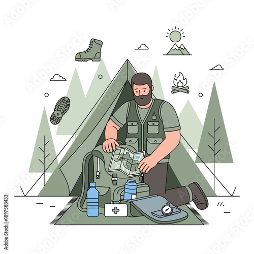 Adventurous Hiker Packing Backpack For Outdoor Camping Expedition Journey