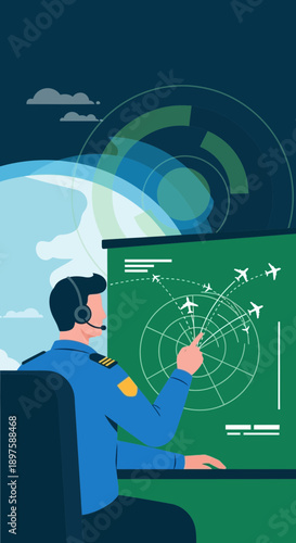 Air Traffic Controller Manning Radar Screen Guiding Aircraft Safely Above Globe