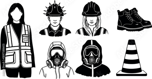 Black and white vector set of industrial safety gear including workers with helmets gas masks safety vest boots and traffic cone icons