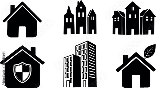 Silhouette icons of houses with shield, leaf, and group of buildings in simple black vector design collection
