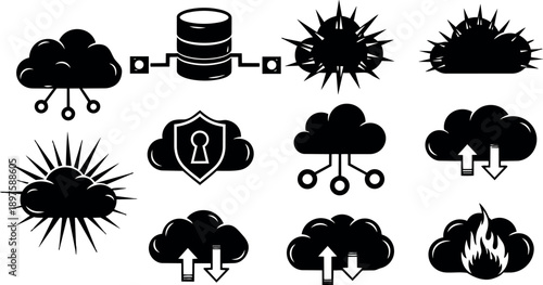 Black cloud computing icons set with data upload download fire and protection symbols in simple vector design
