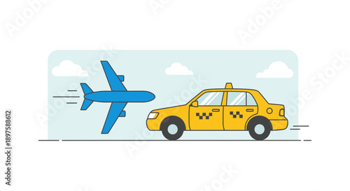 Airplane And Yellow Taxi For Airport Transportation And Travel Concepts