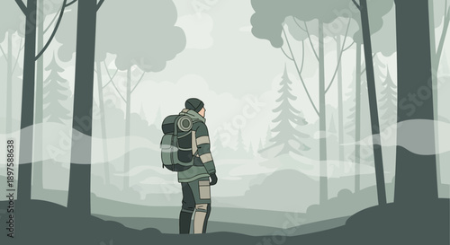 Adventurous Hiker Standing Amidst Misty Forest Scenery