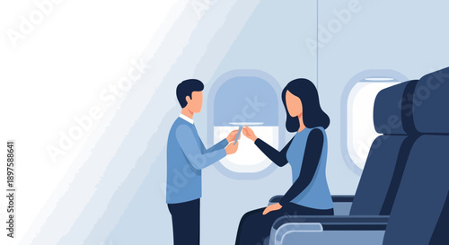 Airplane Cabin Interaction With Passengers Holding Item Near Window