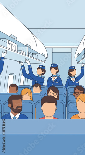 Airplane Cabin Interior With Passengers And Flight Attendants Assisting