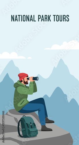 Adventurous Hiker Spotting Wildlife Amidst Majestic Mountain Scenery