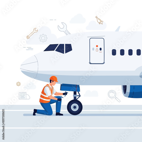 Airplane Mechanic Inspecting Aircraft Landing Gear Precision Maintenance Operations