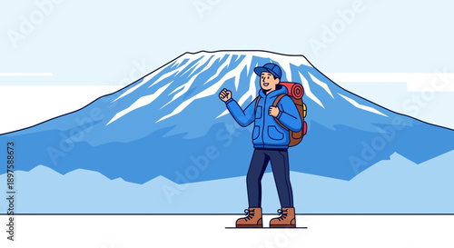 Adventurous Hiker Stands Before Majestic Snow-Capped Mountain Peak