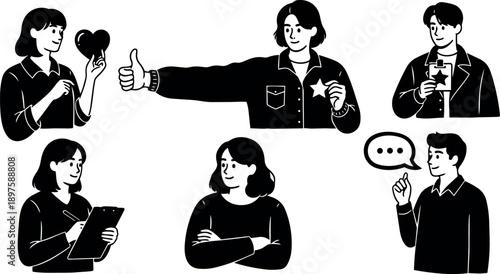 Flat design vector people set showing heart thumbs up clipboard badge crossed arms and speech bubble in monochrome friendly gestures